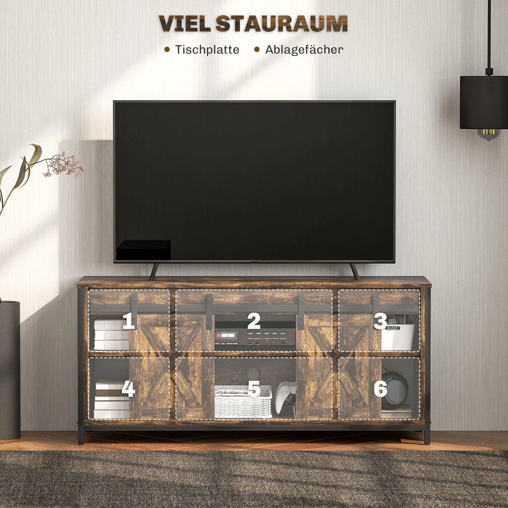 TV staliukas HOMCOM TV spintelė, televizoriaus staliukas iki 60 colių televizoriams, televizoriaus stovas su 2 spintelėmis ir 2 lentynomis, televizoriaus spintelė svetainei, 120 x 40 x 54 cm, ruda