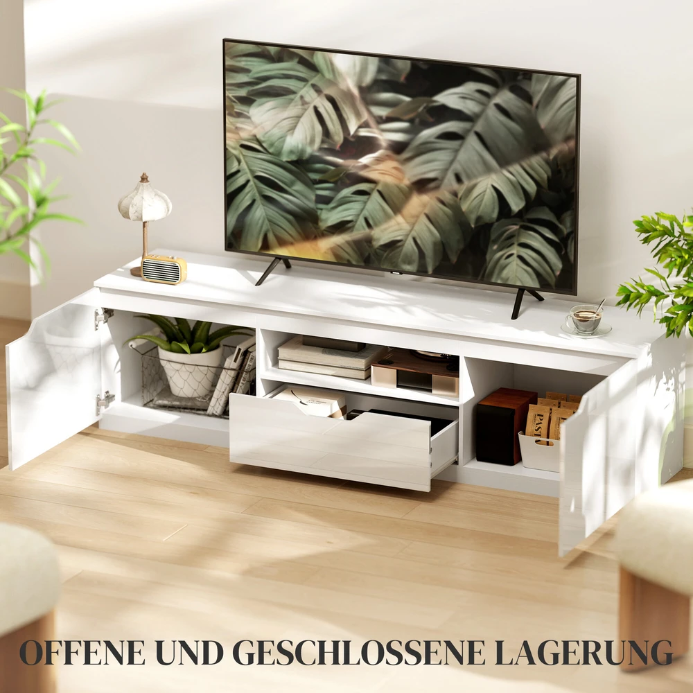 TV staliukas HOMCOM TV spintelė su 2 durelėmis, stalčiumi, 160 cm ilgio, televizoriams iki 65 colių, balta