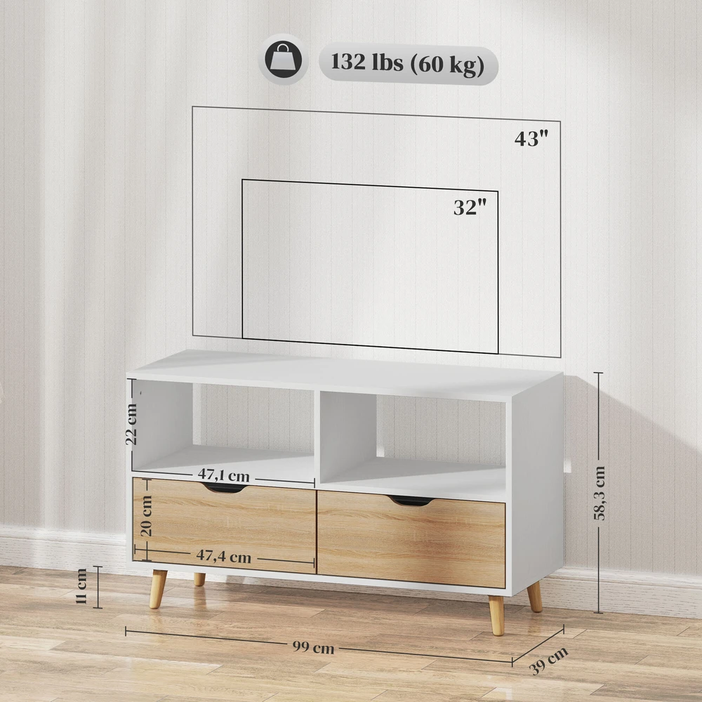 "HOMCOM" televizoriaus spintelė su 2 lentynomis ir stalčiumi, 99 cm ilgio TV staliukas televizoriui, televizoriaus lenta svetainėje, balta