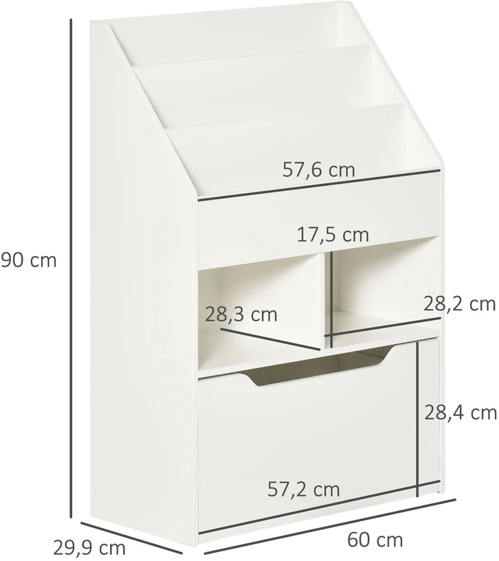 HOMCOM vaikiška knygų lentyna su stalčiumi, 3 lentynomis ir 2 atvirais skyriais, skirta vaikų kambariui ar žaidimų zonai, balta, 60 x 29,9 x 90 cm
