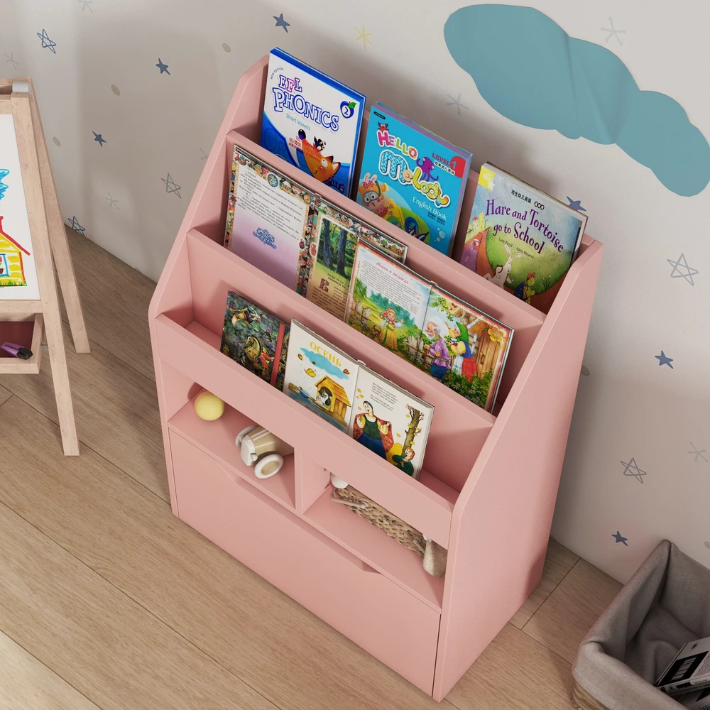 HOMCOM vaikiška knygų lentyna su stalčiumi, 3 lentynomis ir 2 atvirais skyriais, žaislų laikymo lentyna vaikų kambariui, rožinė, 60 x 29,9 x 90 cm