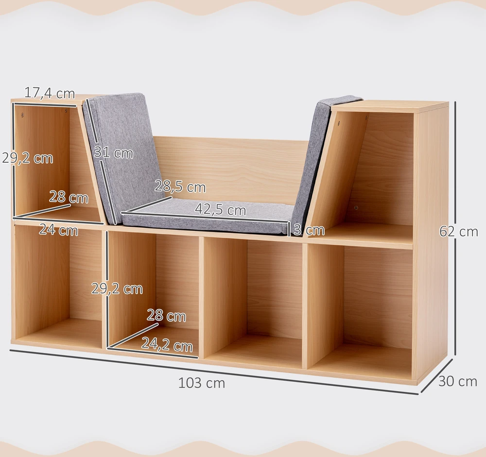 HOMCOM Vaikiška lentyna / knygų lentyna su sėdyne, 6 skyriais ir žaislų dėže, 3 pagalvėlės, nuo 3 metų, pilka + natūrali, 103 x 30 x 62 cm