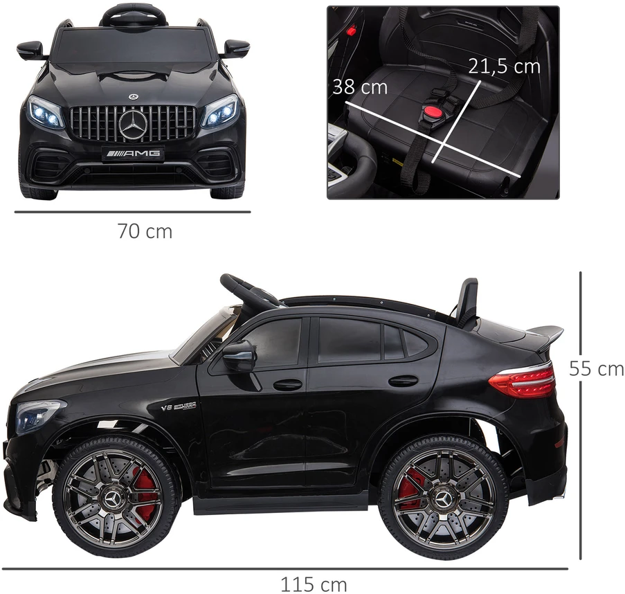 Vaikiškas automobilis HOMCOM Mercedes-Benz AMG GLA45, licencijuotas elektromobilis su nuotolinio valdymo pulteliu, 2 x 35 W varikliai, MP3, saugos diržas, 37–60 mėn., juodas