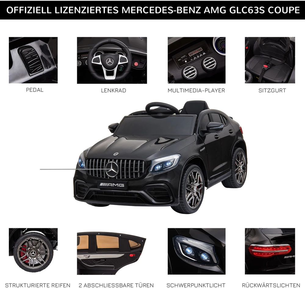 Vaikiškas automobilis HOMCOM Mercedes-Benz AMG GLA45, licencijuotas elektromobilis su nuotolinio valdymo pulteliu, 2 x 35 W varikliai, MP3, saugos diržas, 37–60 mėn., juodas