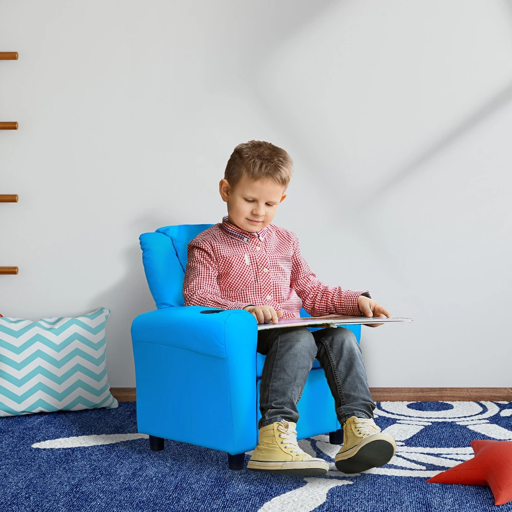 HOMCOM vaikiškas fotelis su atsilenkimo funkcija, mini sofa 3–6 metų vaikams, mėlyna, su įmontuotu puodelio laikikliu, 62x52x69 cm