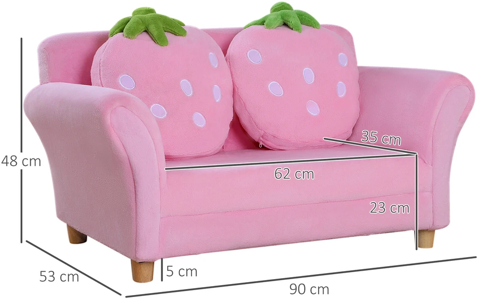 Vaikiška sofa HOMCOM „Braškė“ – patogi sofa ir fotelis vaiko kambariui, minkšta dvivietė sofa, vienvietė sofa, vaikiška kėdė