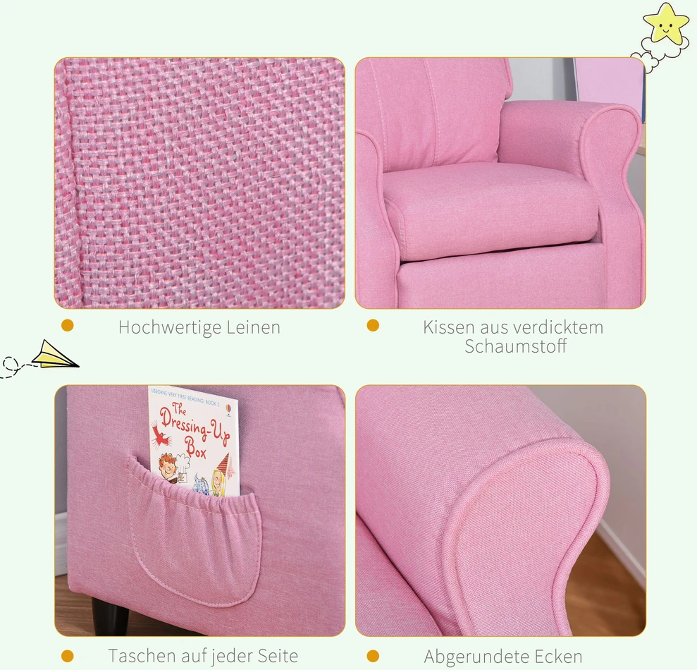 Reguliuojama vaikiška sofa HOMCOM su kojų atrama, patogus vaikiškas fotelis 3–5 metų vaikams, rožinė, 58x53x70 cm, puikiai tinka berniukams ir mergaitėms
