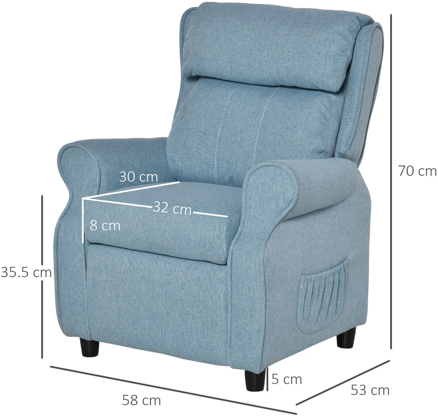 Vaikiška sofa HOMCOM, vaikiška kėdutė su reguliuojama atlošimo funkcija ir pakoja, mėlyna, 3–5 metų vaikams, 58x53x70 cm