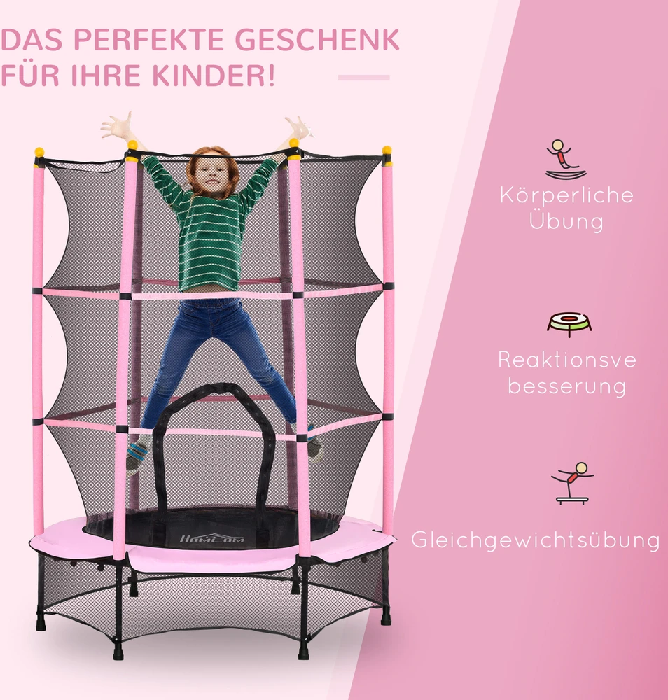 HOMCOM vaikiškas batutas Ø140 cm, batutas su apsauginiu tinklu, kraštų danga, sodo batutas vaikams 3–10 metų, keliamoji galia iki 50 kg, rožinis