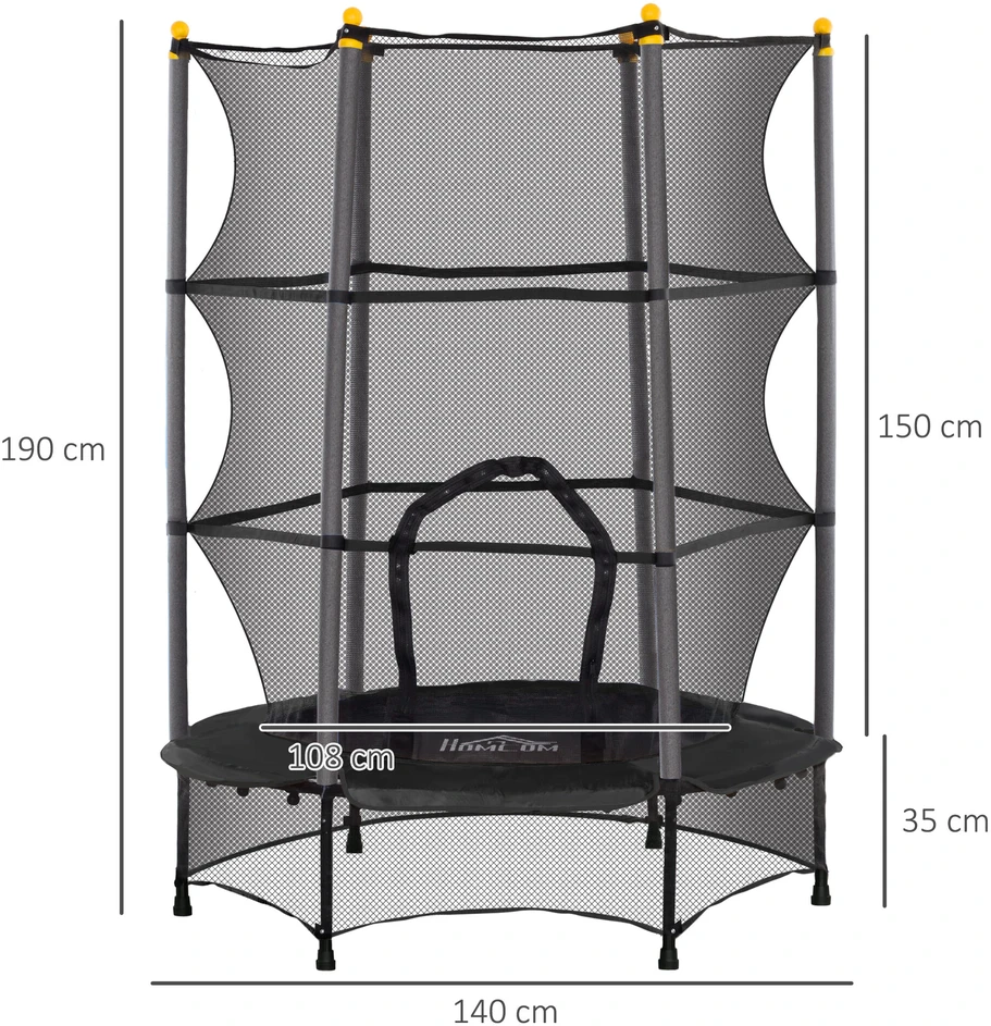 HOMCOM vaikiškas batutas Ø140 cm, batutas su apsauginiu tinklu, kraštų apdanga, sodo batutas vaikams nuo 3 iki 10 metų, keliamoji galia iki 50 kg, juodas