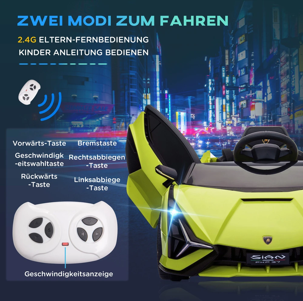 HOMCOM vaikiškas elektromobilis, 12V transporto priemonė vaikams su 2,4G nuotolinio valdymo pulteliu, MP3 USB, garsiniu signalu, elektromobilis su LED žibintais, 5 taškų saugos diržais, 3-5 km/h, 3-5 metų vaikams, žalias