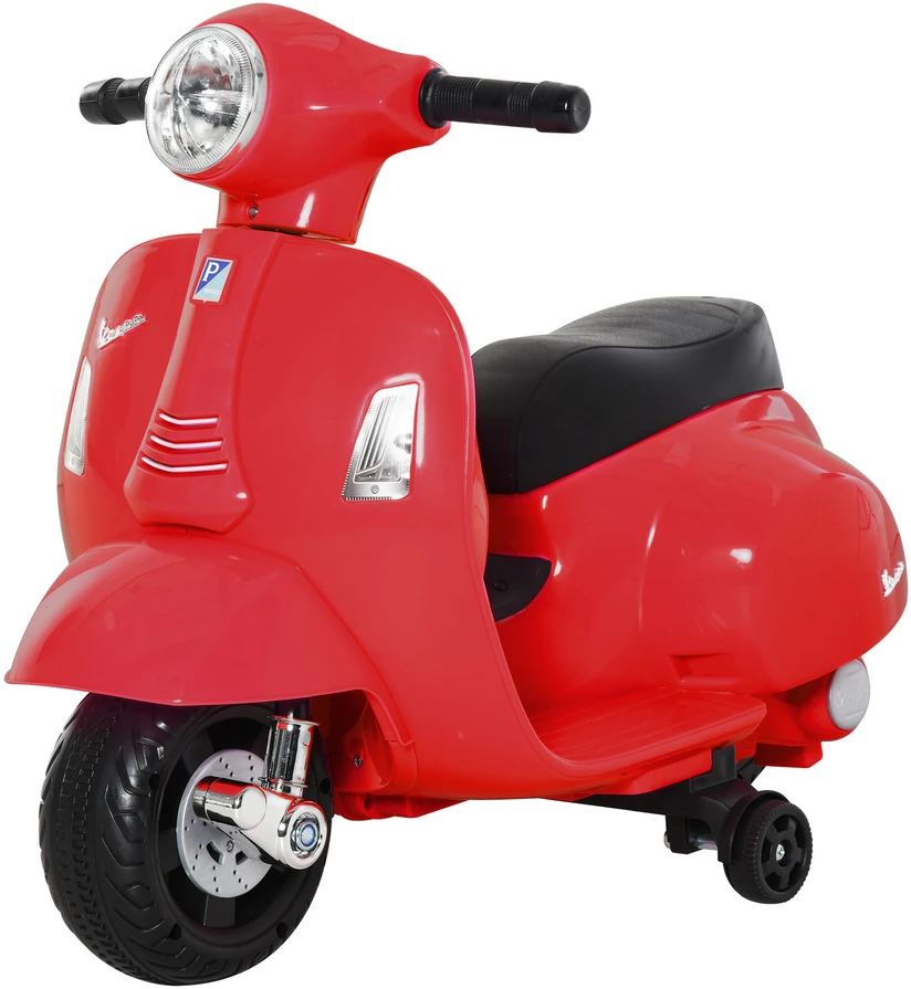 HOMCOM VESPA elektrinis vaikiškas motociklas, 18-36 mėn., 3 km/h, LED šviesos, garsas, PP plastikas, metalas, raudonas, 66,5 x 38 x 52 cm