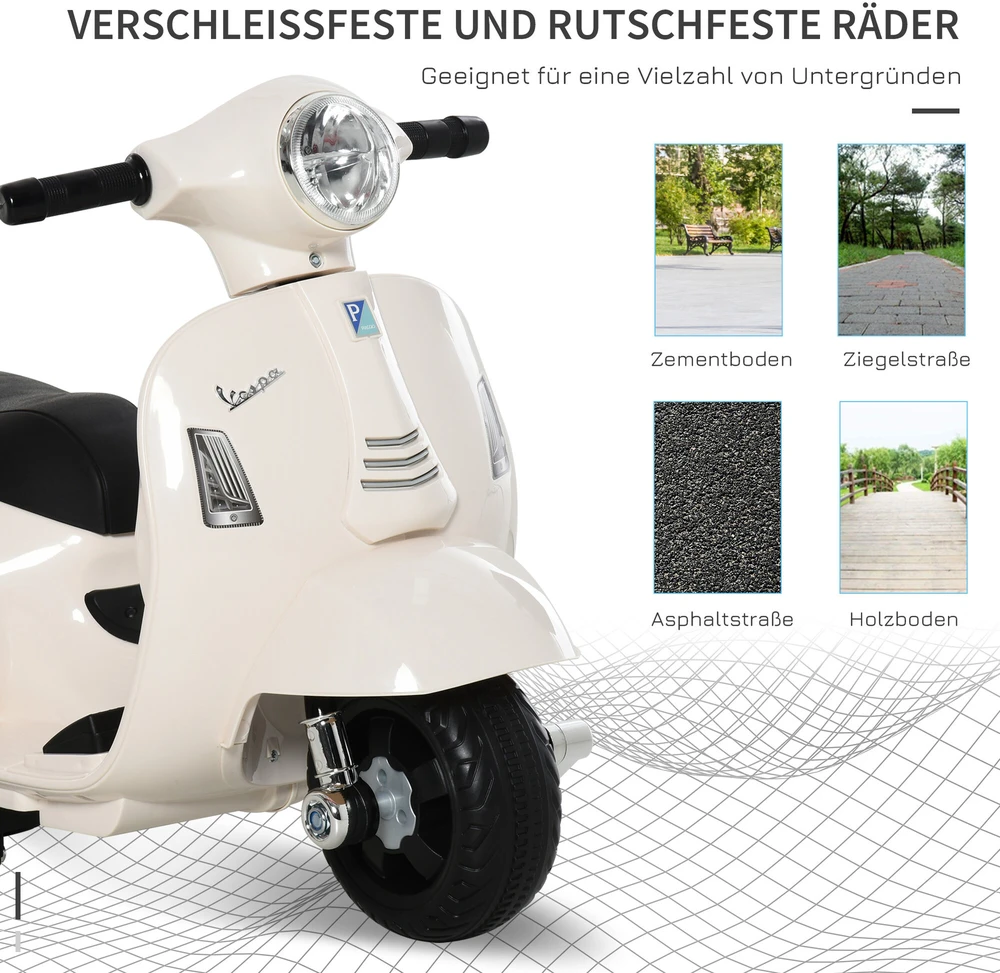 HOMCOM VESPA elektrinis motociklas vaikams, 18-36 mėn., 3 km/h, LED šviesa & garsas, PP plastikas & metalas, baltas, 66,5x38x52cm