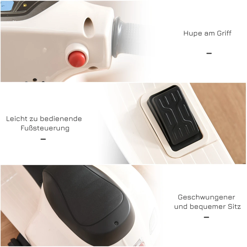 HOMCOM VESPA elektrinis motociklas vaikams, 18-36 mėn., 3 km/h, LED šviesa & garsas, PP plastikas & metalas, baltas, 66,5x38x52cm