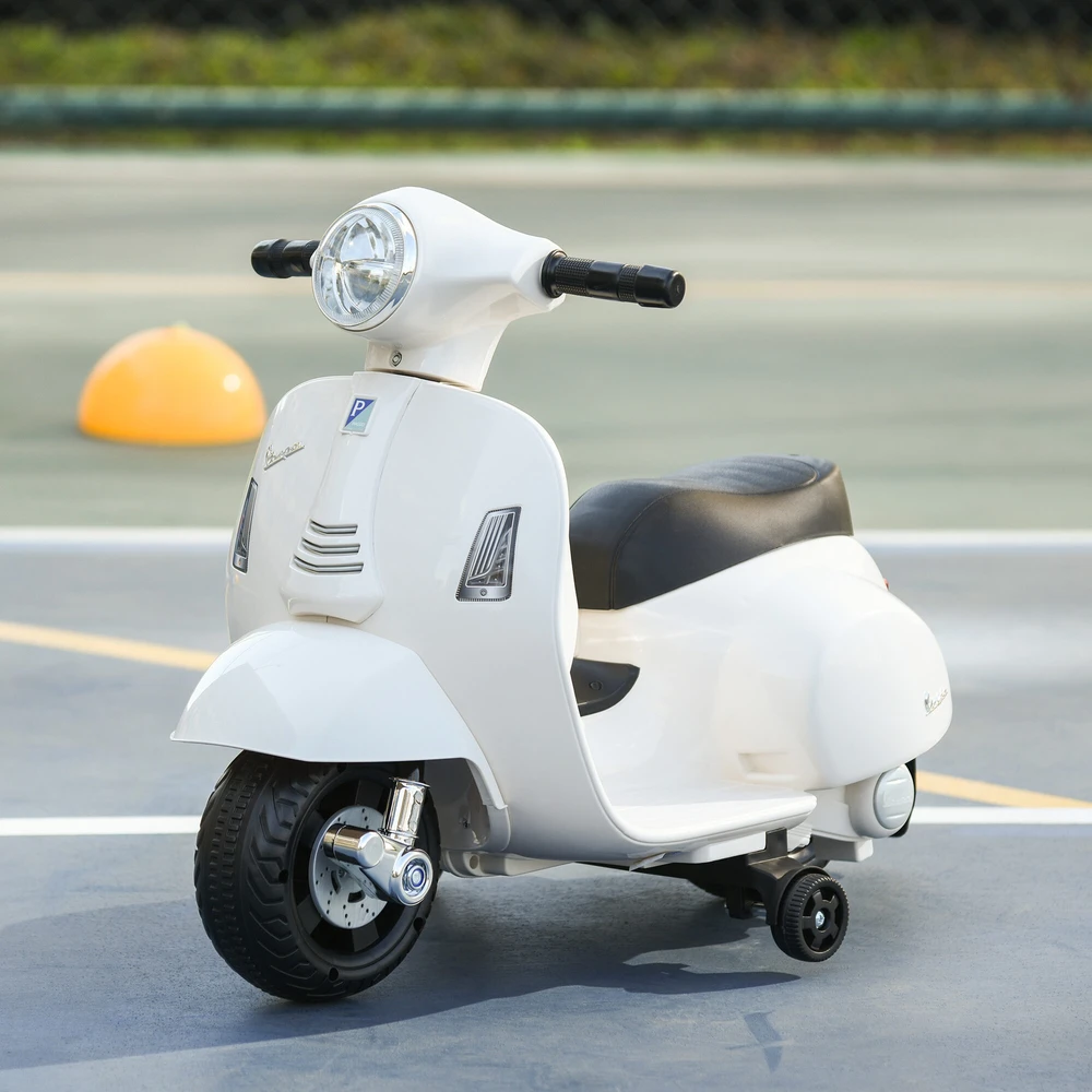 HOMCOM VESPA elektrinis motociklas vaikams, 18-36 mėn., 3 km/h, LED šviesa & garsas, PP plastikas & metalas, baltas, 66,5x38x52cm