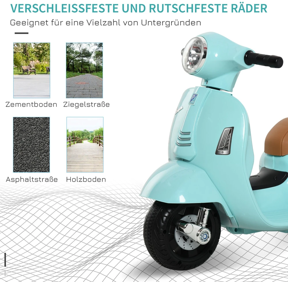 HOMCOM VESPA elektrinis vaikiškas motociklas, 18-36 mėn., 3 km/h, LED šviesos, garsas, plastikas/metalas, žalias, 66,5 x 38 x 52 cm