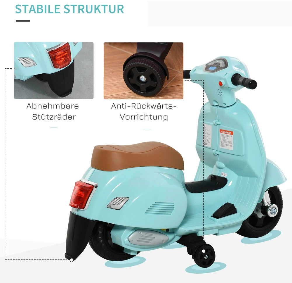 HOMCOM VESPA elektrinis vaikiškas motociklas, 18-36 mėn., 3 km/h, LED šviesos, garsas, plastikas/metalas, žalias, 66,5 x 38 x 52 cm