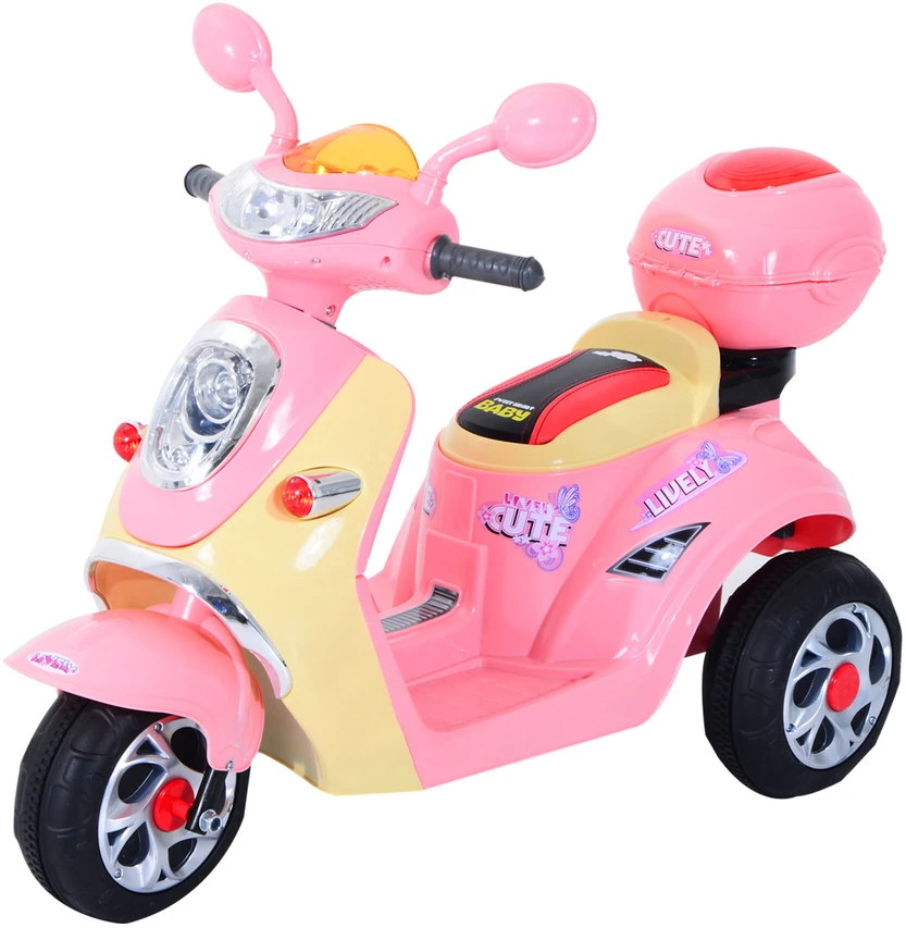 Elektrinis vaikiškas motociklas HOMCOM, triratis, 6V, metalas+PP, 108x51x75cm (rožinė+geltona)