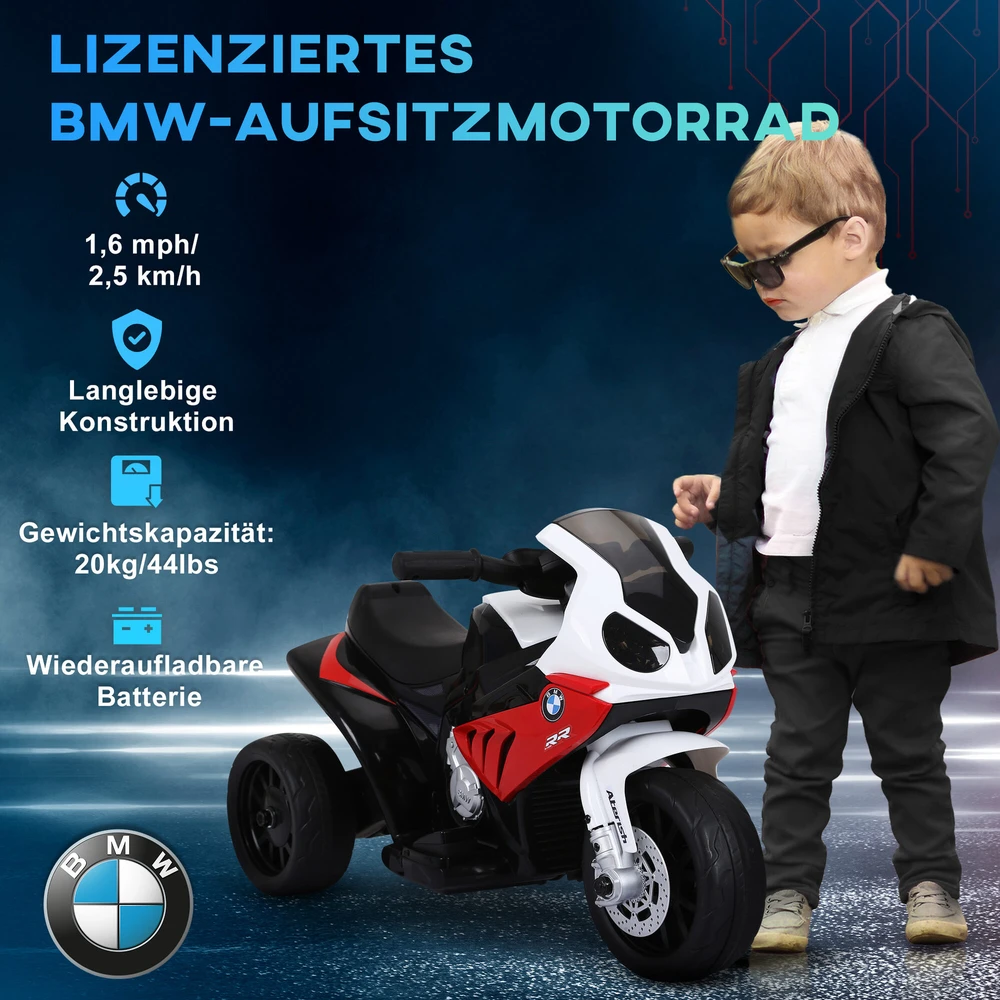 HOMCOM BMW S1000RR licencijuotas elektrinis triratis, vaikiškas motociklas su akumuliatoriumi, vaikiška transporto priemonė, plienas, raudona, 66x37x44 cm