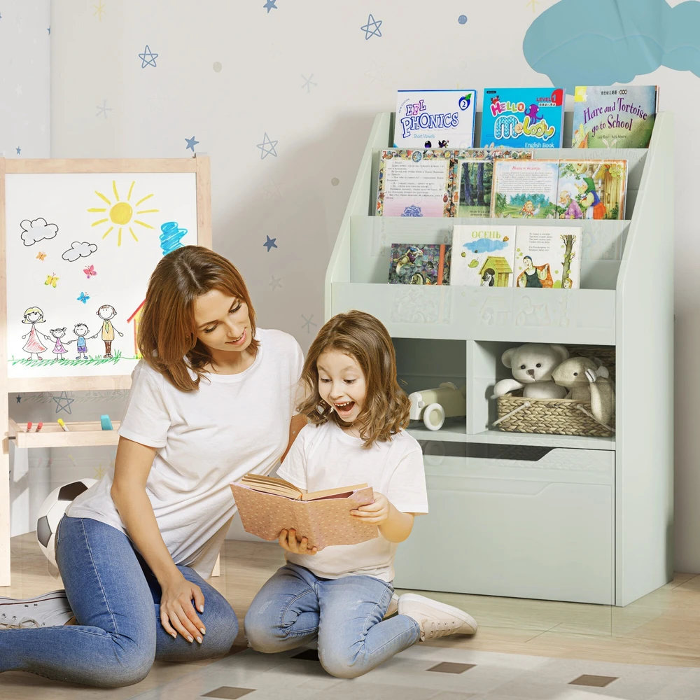 HOMCOM vaikų knygų lentyna su stalčiumi, 3 laikymo skyriais ir 2 atviromis lentynomis, daiktadėžė vaikų kambariui, žaidimų kambariui, šviesiai žalia, 60 x 29,9 x 90 cm