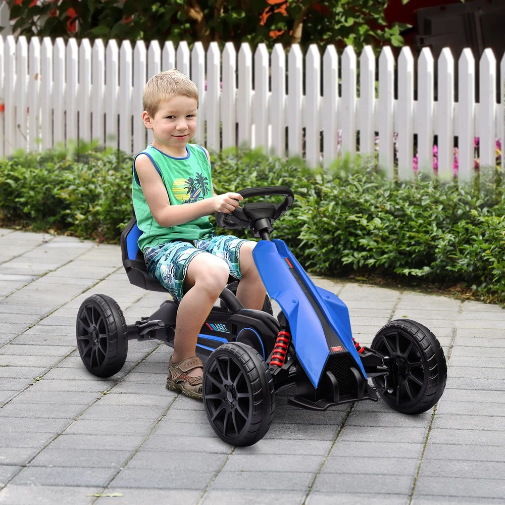 HOMCOM vaikiškas kartingas, pedalinė mašinėlė su reguliuojama sėdyne ir rankiniu stabdžiu, vaikams nuo 3-8 metų, mėlynas