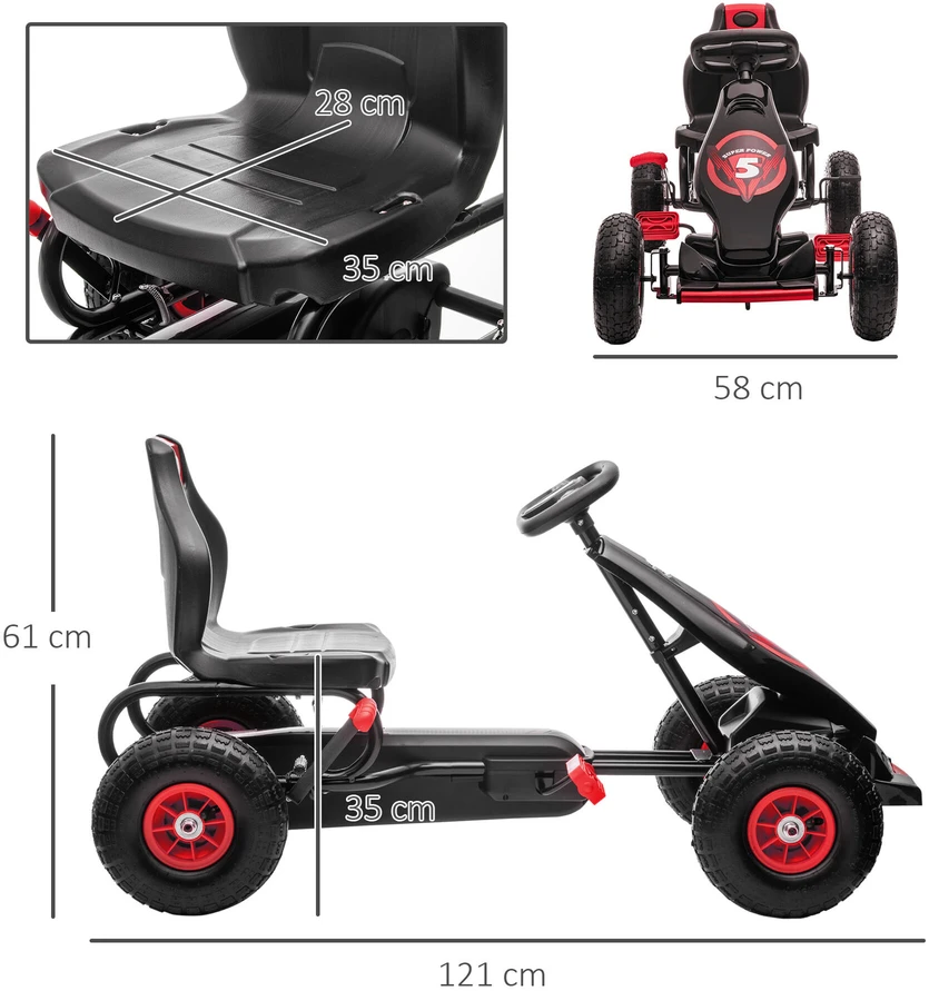 HOMCOM vaikiškas kartingas, reguliuojama sėdynė, pedalinis automobilis su guminiais ratais ir rankiniu stabdžiu, skirtas 5–12 metų vaikams, lauko pramogoms, raudona ir juoda spalva