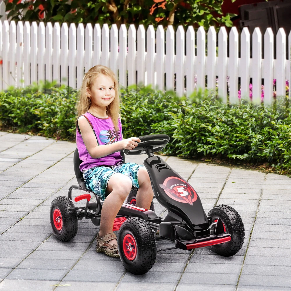 HOMCOM vaikiškas kartingas, reguliuojama sėdynė, pedalinis automobilis su guminiais ratais ir rankiniu stabdžiu, skirtas 5–12 metų vaikams, lauko pramogoms, raudona ir juoda spalva