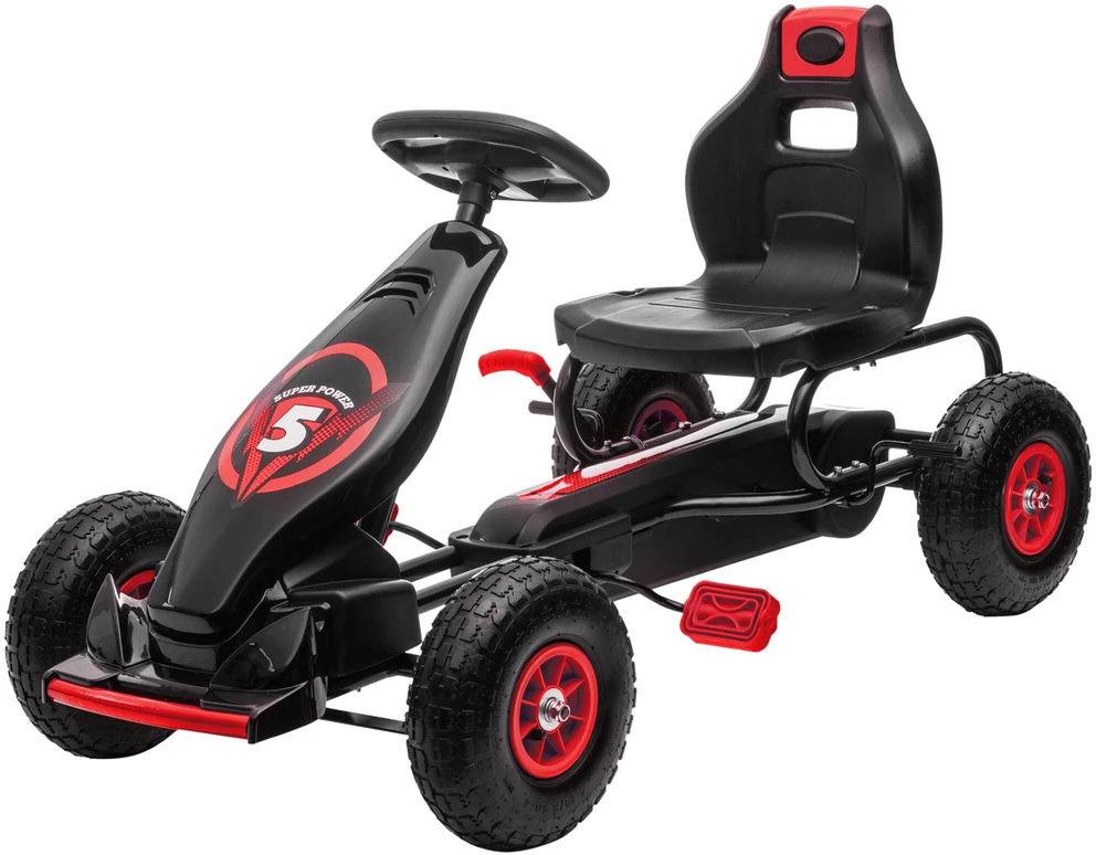 HOMCOM vaikiškas kartingas, reguliuojama sėdynė, pedalinis automobilis su guminiais ratais ir rankiniu stabdžiu, skirtas 5–12 metų vaikams, lauko pramogoms, raudona ir juoda spalva