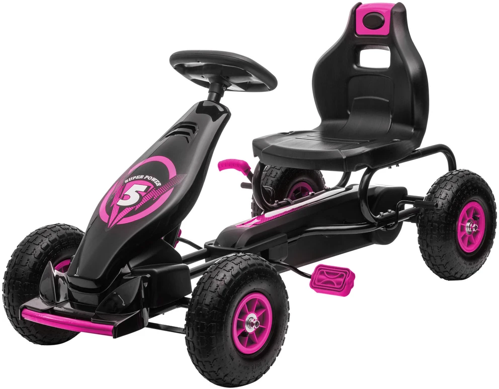 HOMCOM vaikiškas kartingas, reguliuojama sėdynė, guminės padangos, pedalai ir rankinis stabdis, pedalinis automobilis 5–12 metų vaikams, lauko, rožinė