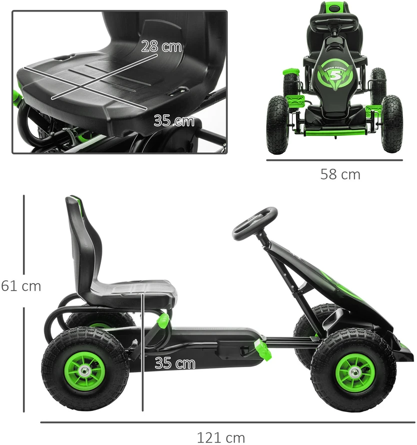 HOMCOM vaikiškas kartingas su reguliuojama sėdyne, guminėmis padangomis, pedalais ir rankiniu stabdžiu, nuo 5 metų, žalias su juoda