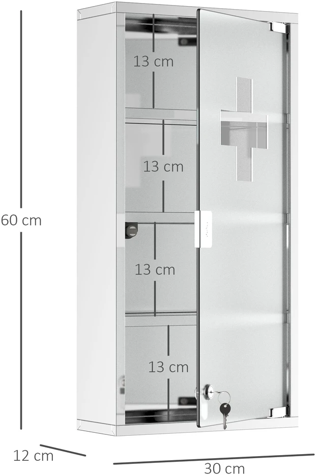 HOMCOM medicinos spintelė vaistams, pirmosios pagalbos spintelė su užraktu, nerūdijantis plienas, 30 x 12 x 60 cm