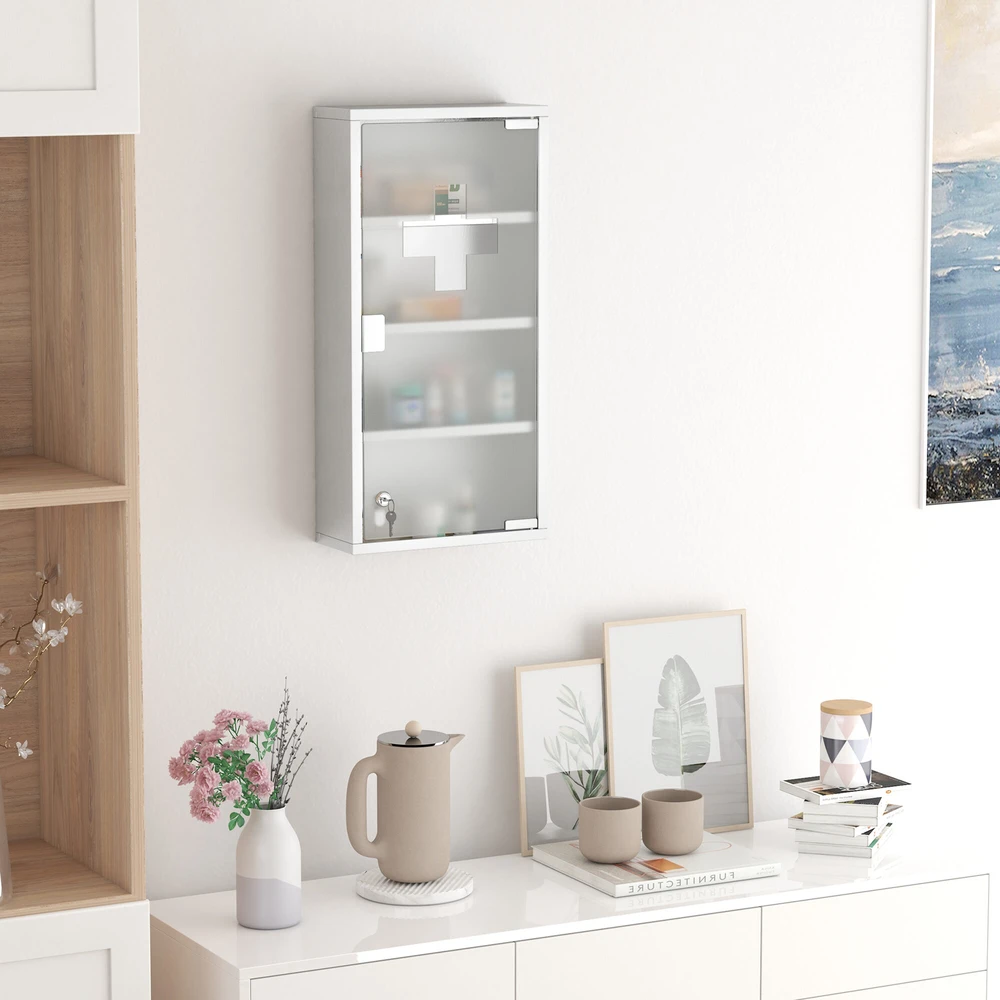 HOMCOM medicinos spintelė vaistams, pirmosios pagalbos spintelė su užraktu, nerūdijantis plienas, 30 x 12 x 60 cm