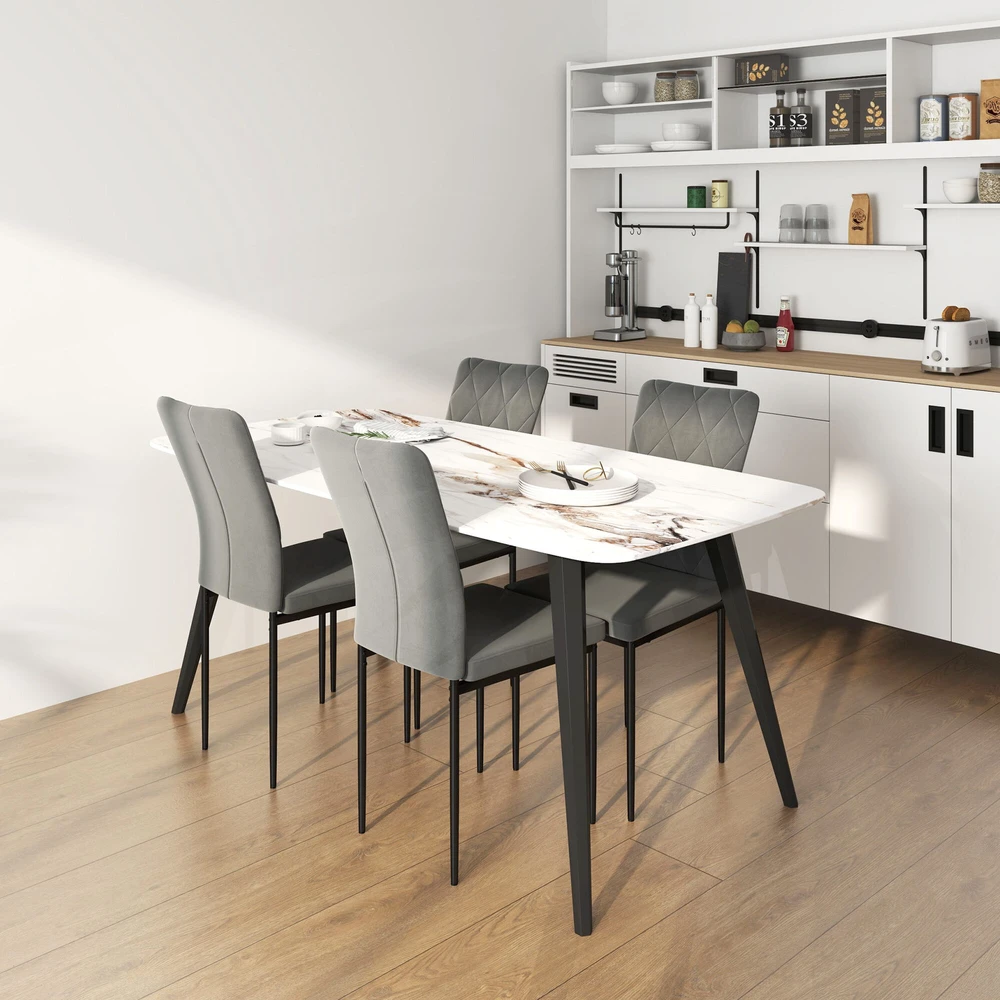 HOMCOM valgomojo kėdės 4 virtuvės kėdžių su atlošu rinkinys, aksomo išvaizdos, foteliai, minkštos kėdės su metalinėmis kojelėmis valgomojo stalui, tamsiai pilkos spalvos