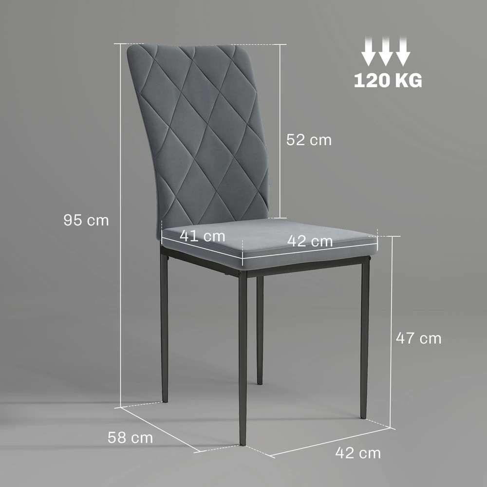 HOMCOM valgomojo kėdės 4 virtuvės kėdžių su atlošu rinkinys, aksomo išvaizdos, foteliai, minkštos kėdės su metalinėmis kojelėmis valgomojo stalui, tamsiai pilkos spalvos
