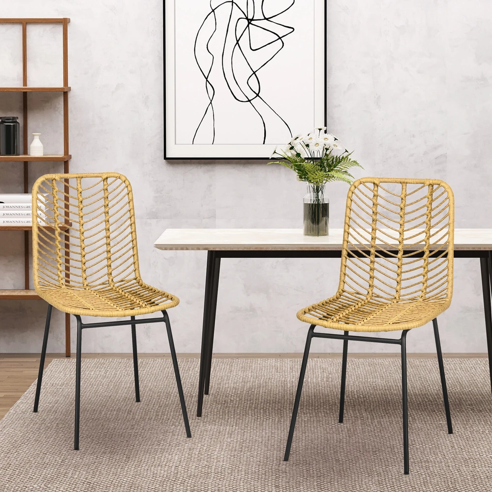 HOMCOM valgomojo kėdžių rinkinys, 2 virtuvės kėdės su atlošu, rotango išvaizdos, plienas, geltonos spalvos, 44x58x85cm, skirtos valgomajam ir svetainei