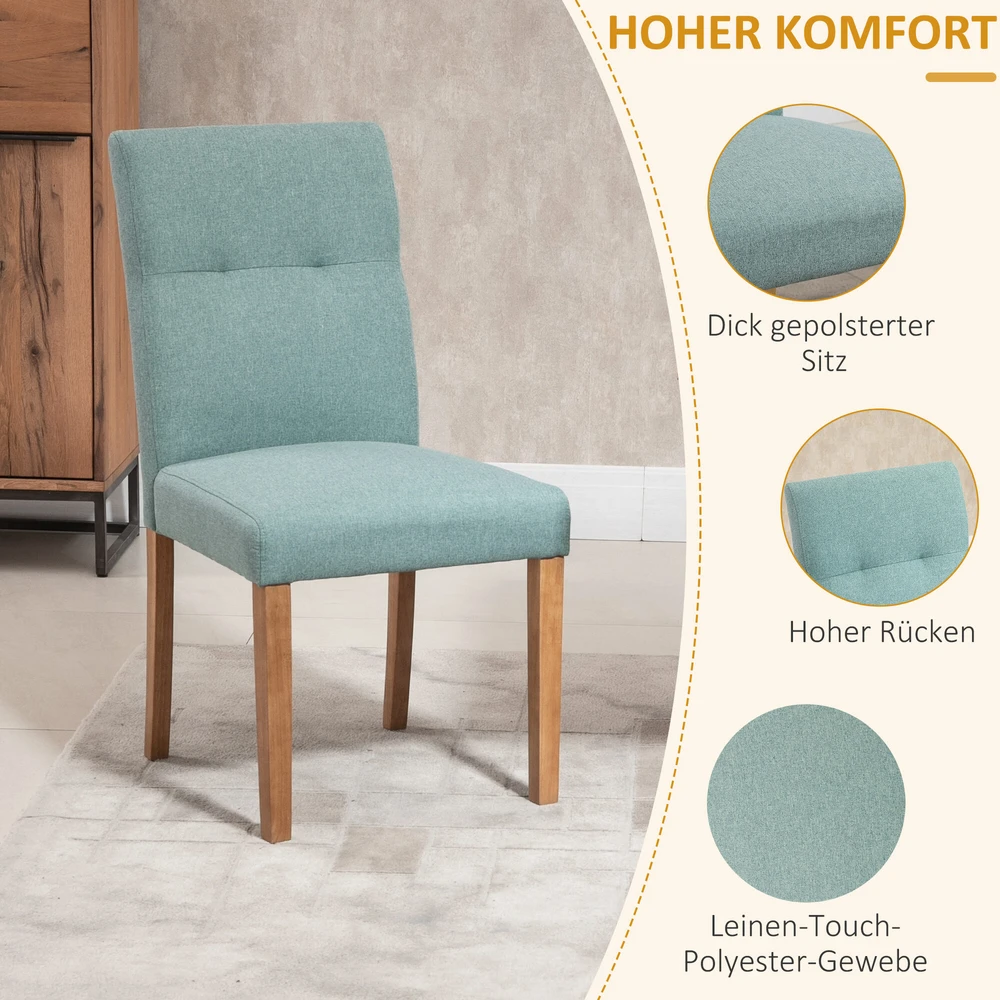 HOMCOM Valgomojo kėdės, 2 vnt. Minkšta sėdynė, minkšta kėdė, virtuvės kėdė, linas-poliesteris, putplastis, gumos mediena, žalia spalva