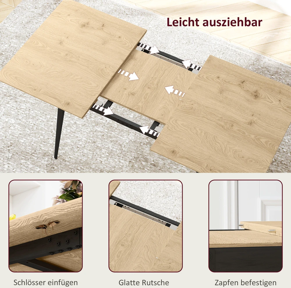 HOMCOM išskleidžiamas valgomojo stalas 120/160 x 75 cm, virtuvinis stalas 6-8 asmenims, modernus valgomojo stalas su plieninėmis kojomis, natūrali spalva