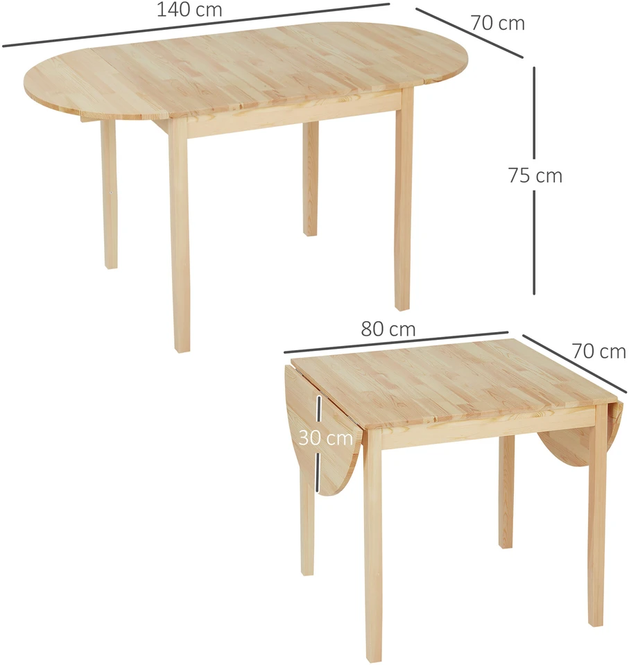 HOMCOM medinis sulankstomas valgomojo stalas, 6 vietų virtuvinis stalas su nuleidžiamais kraštais, kompaktiškas stalas mažoms erdvėms, valgomajam, virtuvei, 140 x 70 x 75 cm, natūralaus medžio spalvos