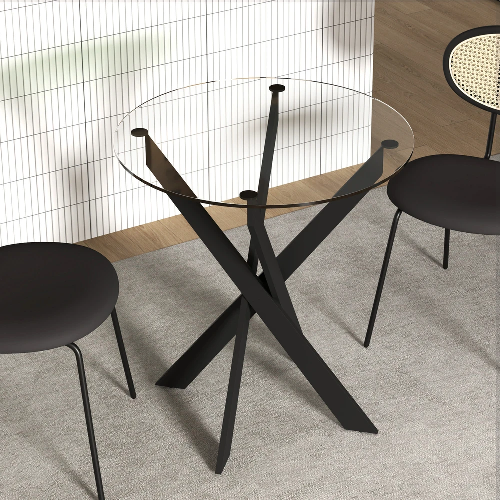 HOMCOM valgomojo stalas, apvalus virtuvės stalas 4 asmenims, pietų stalas su plieninėmis kojomis, grūdinto stiklo stalviršis, skirtas valgomajam, virtuvei, Ø70 x 75 cm, modernus dizainas, juodas+skaidrus