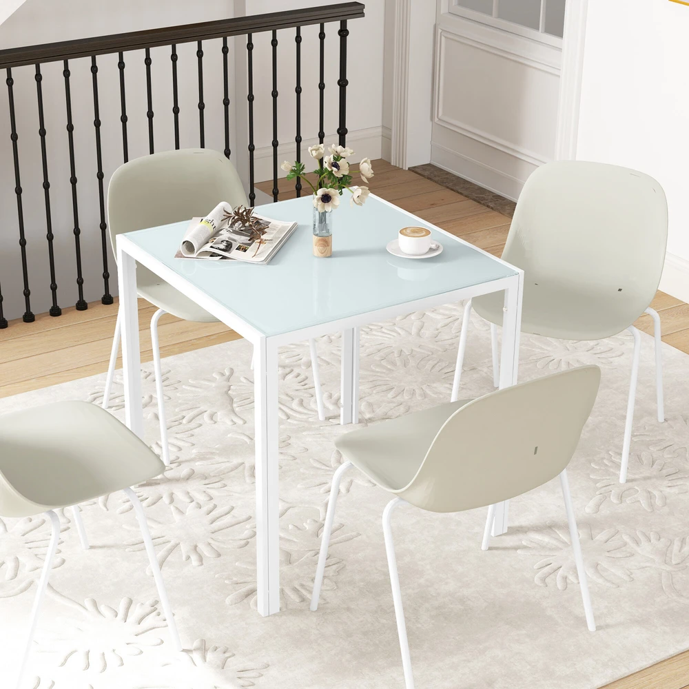HOMCOM valgomojo stalas, kvadratinis virtuvinis stalas 4 asmenims, iš grūdinto stiklo, keliamoji galia iki 80 kg, virtuvei, valgomajam, 75 x 75 x 75 cm, baltas