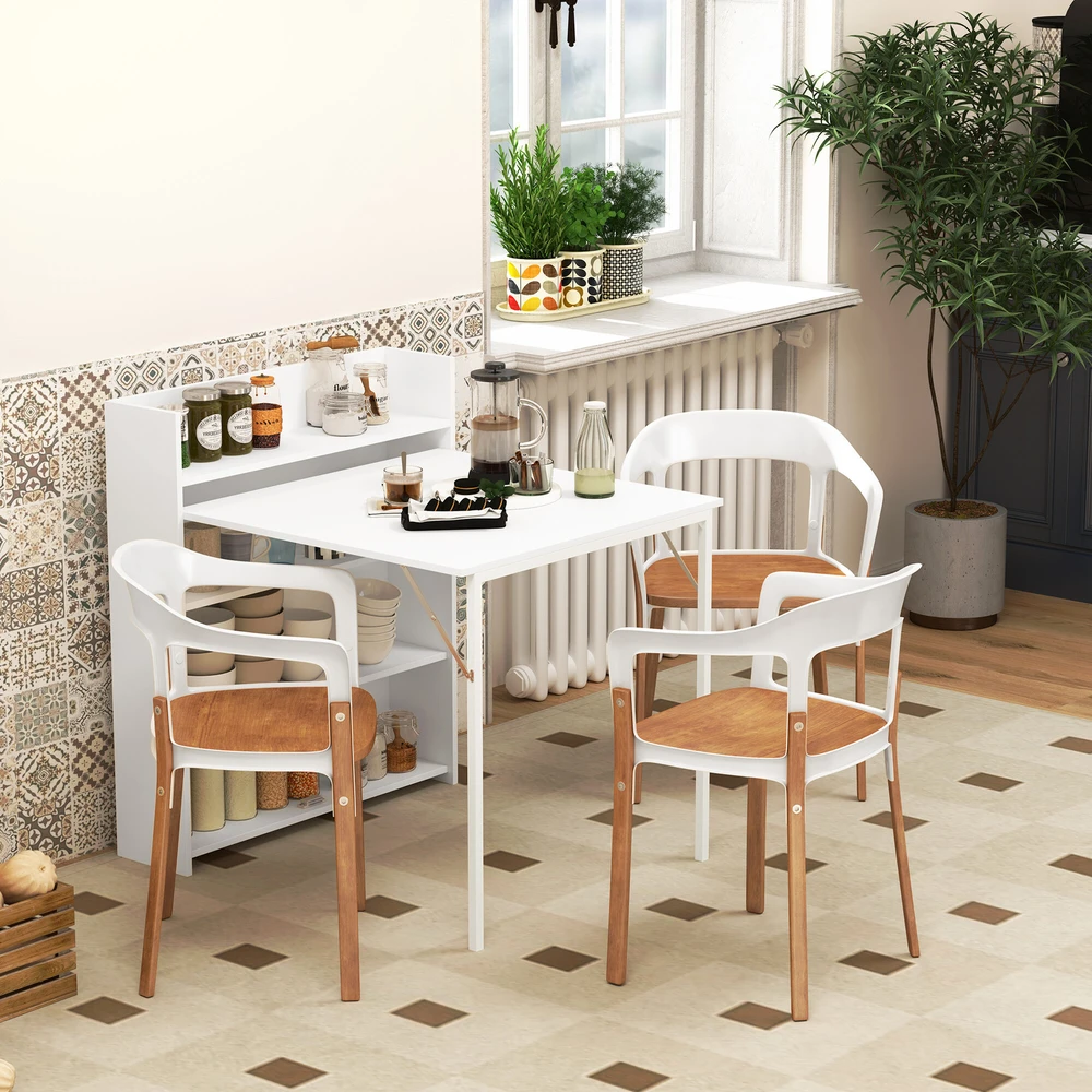 HOMCOM sulankstomas valgomasis stalas, virtuvinis stalas su 4 pakopų lentynomis 3 asmenims, sulankstomas stalas su apsauga nuo apvirtimo mažoms erdvėms, virtuvei, valgomajam, 80 x 90 x 93 cm, baltas