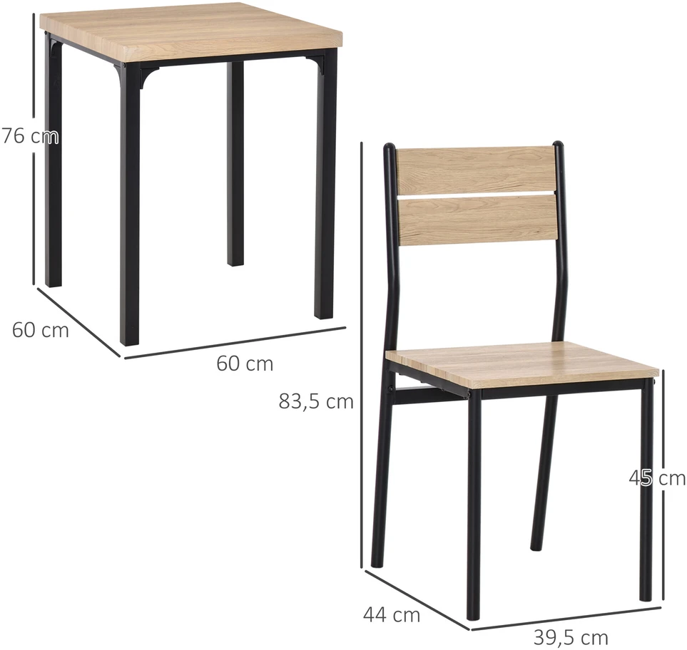 HOMCOM 3 dalių valgomojo komplektas, valgomojo stalas su MDF ir metalu, natūralaus medžio raštas ir juoda spalva, 1 stalas + 2 kėdės