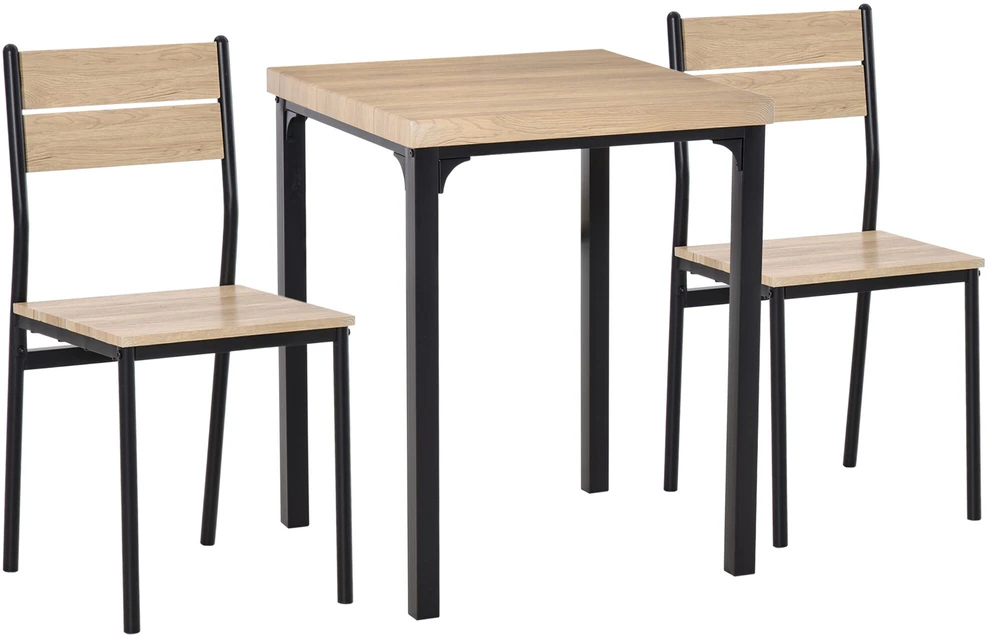 HOMCOM 3 dalių valgomojo komplektas, valgomojo stalas su MDF ir metalu, natūralaus medžio raštas ir juoda spalva, 1 stalas + 2 kėdės