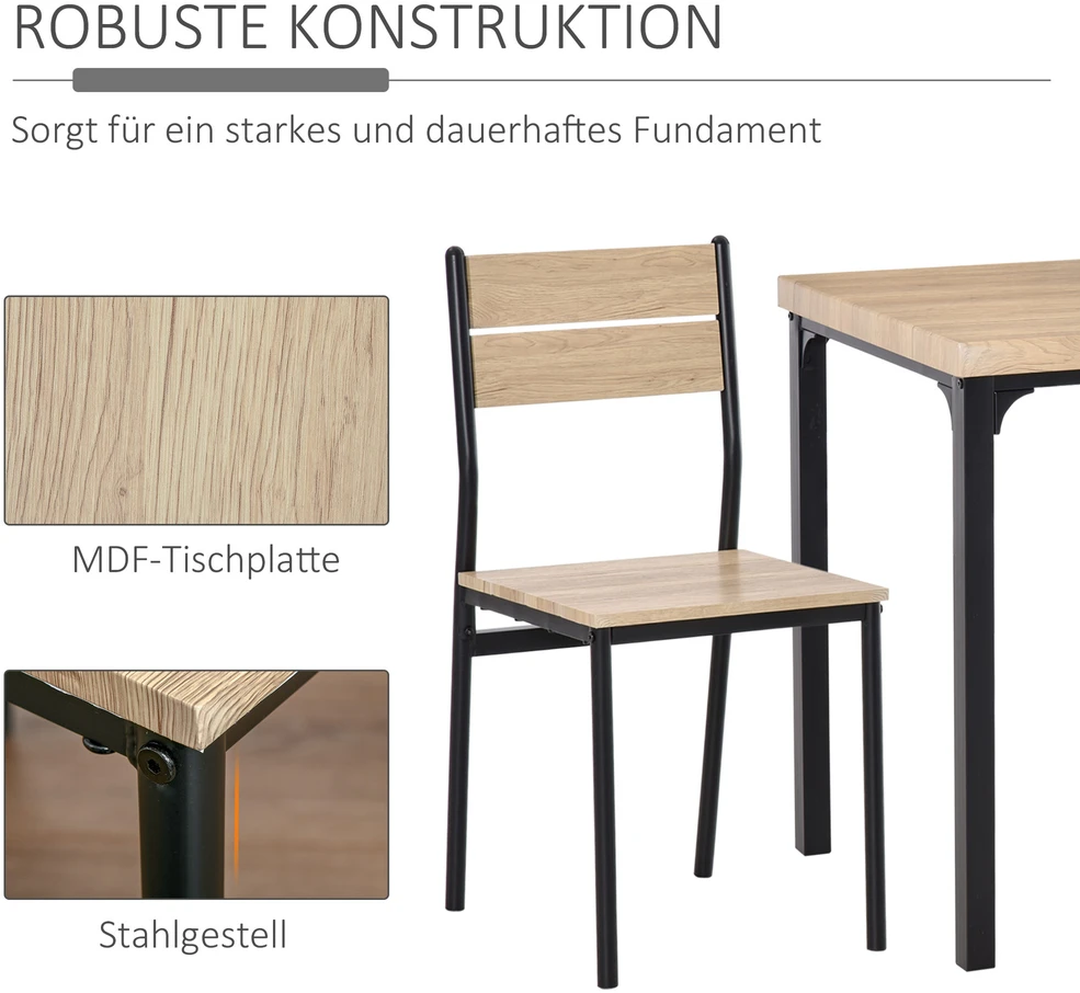 HOMCOM 3 dalių valgomojo komplektas, valgomojo stalas su MDF ir metalu, natūralaus medžio raštas ir juoda spalva, 1 stalas + 2 kėdės