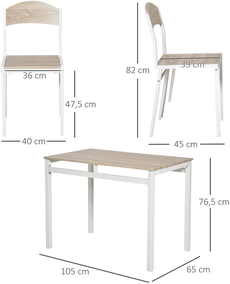 HOMCOM 5 dalių valgomojo komplektas, stalas su medžio rašto MDF stalviršiu ir metaliniu rėmu, pilka ir balta spalvos, 1 stalas + 4 kėdės