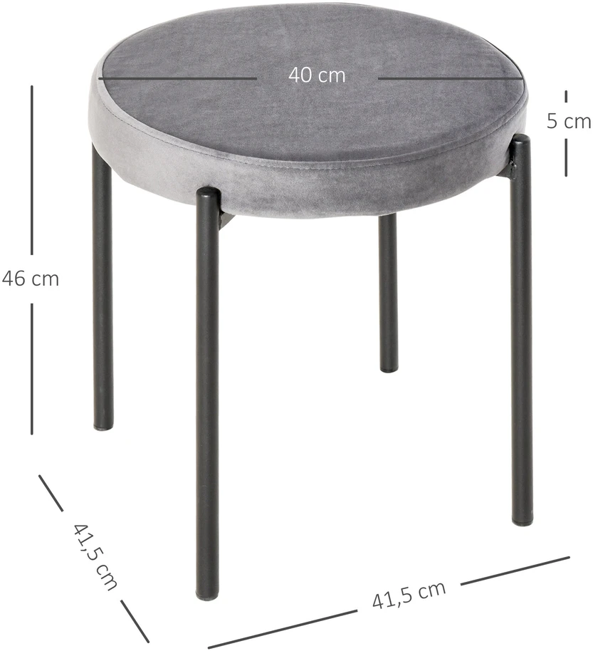 HOMCOM 4 valgomojo taburečių rinkinys, baro kėdės su paminkštinta sėdyne, apvalios, aksominio pojūčio poliesteris, plienas, pilkos spalvos, 41,5 x 41,5 x 46 cm