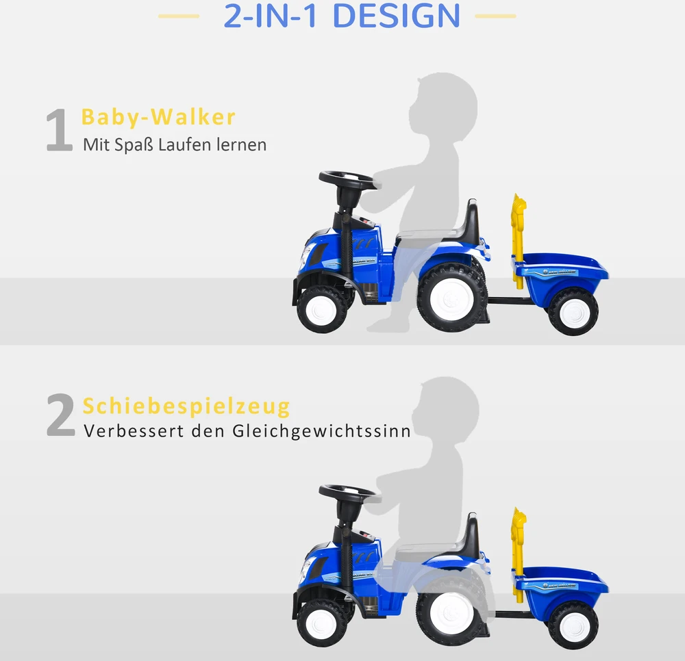 HOMCOM vaikiškas traktorius stumdukas NEW HOLLAND su garsiniu signalu, mėlynas
