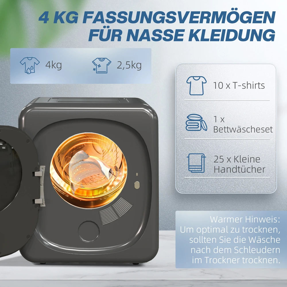 HOMCOM mini drabužių džiovyklė su 6 programomis, LED jutikliniu ekranu, 4kg talpa, iki 60℃, 800 W, pastatoma arba montuojama ant sienos, ventiliuojama, su apsauga nuo perkaitimo, pilka