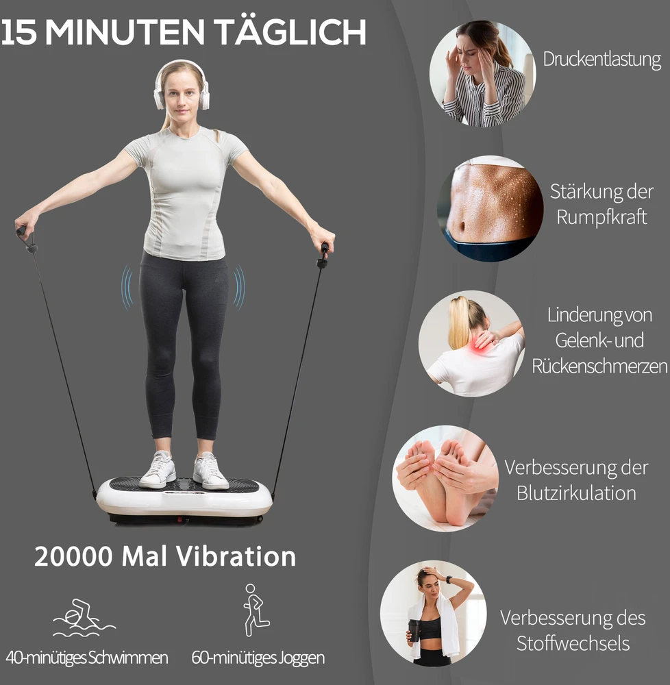 HOMCOM vibracinė platforma, treniruoklis su 2 pasipriešinimo gumomis, 99 vibracijos lygiai, iki 120 kg, viso kūno treniruotėms, 200 W