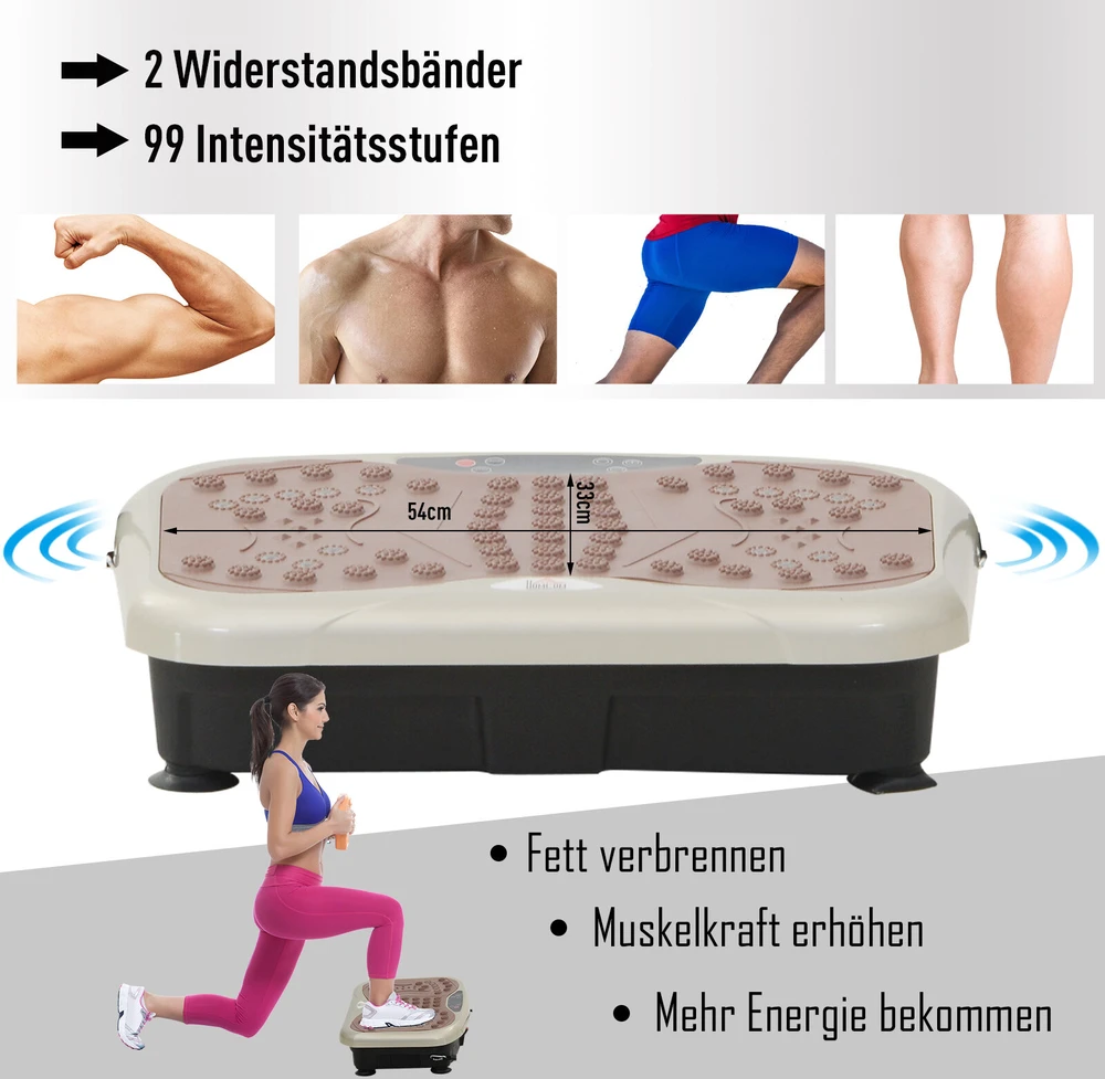 HOMCOM vibracinė plokštė, vibracinis treniruoklis, vibracinis įrenginys, kūno rengybos treniruoklis, LED ekranas, USB garsiakalbis, pasipriešinimo gumos, nuotolinio valdymo pultas